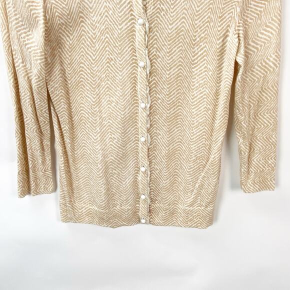 Talbots XS Womens Cream Tan Chevron Ruffle Trim Button Front Sweater Cardigan - Picture 3 of 8